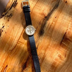Tory Burch Black Leather Band Gold Faced Watch